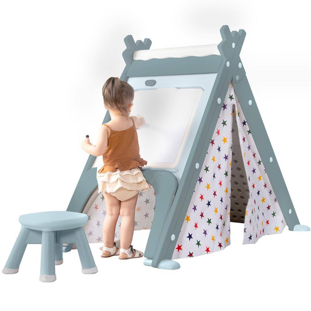 4-in-1 Teepee Tent with Stool and Climber in Blue LN20232786