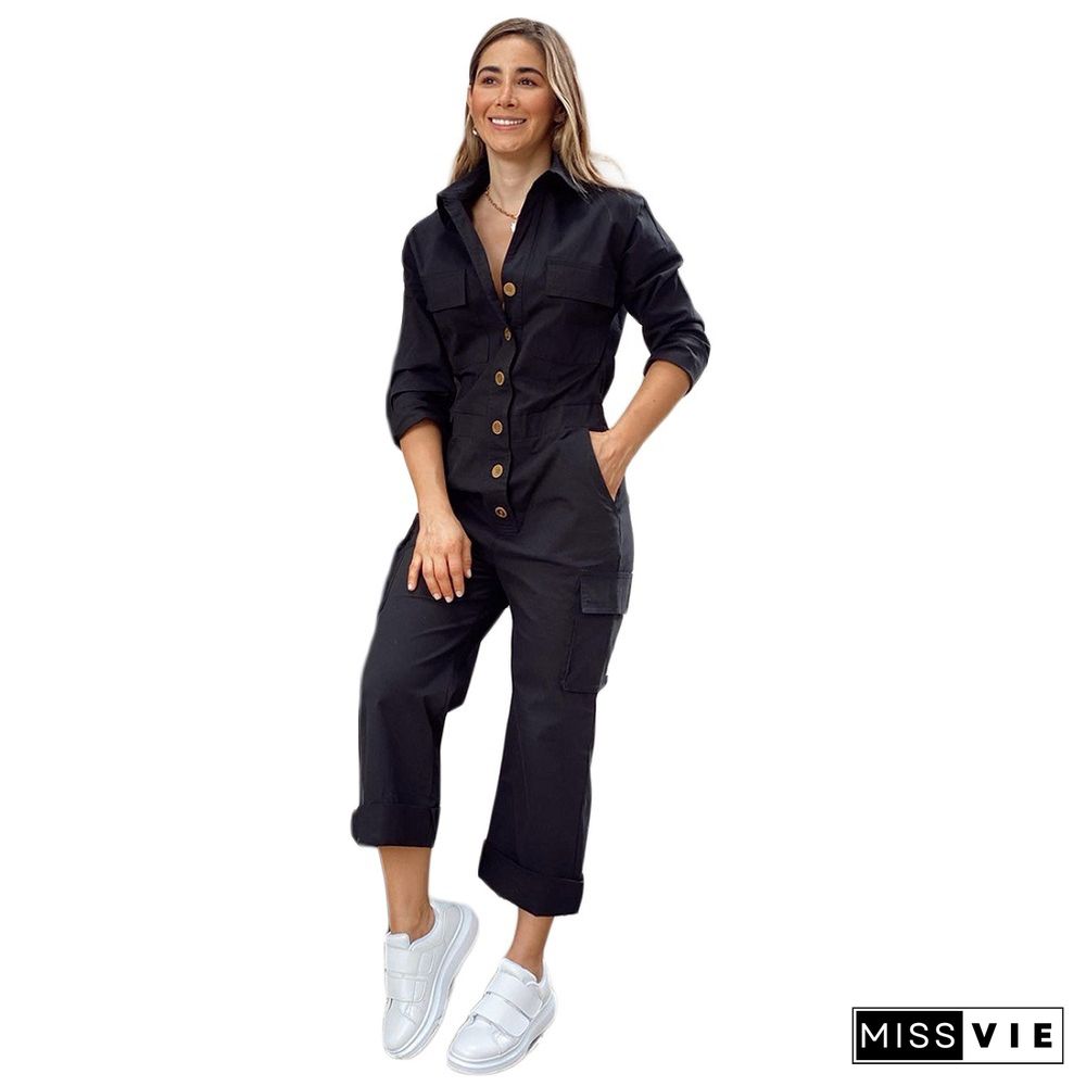 Black Loose Buttons Cargo Long Jumpsuits