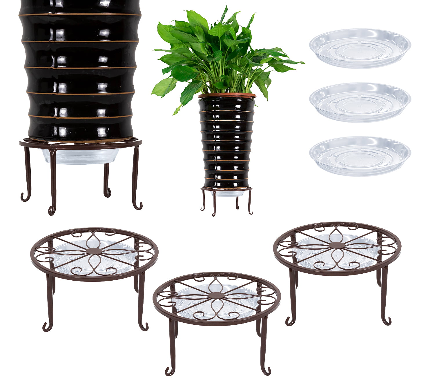 3 Pack Iron Potted Plant Stands for Indoor and Outdoor Flowerpot Holder 9 inches Heavy Duty 50lb Round Rack, Bronze Color