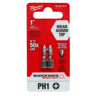 MW SHOCKWAVE Impact Duty 1 in. Phillips #1 Alloy Steel Insert Bit (2-Pack) 48-32-4411