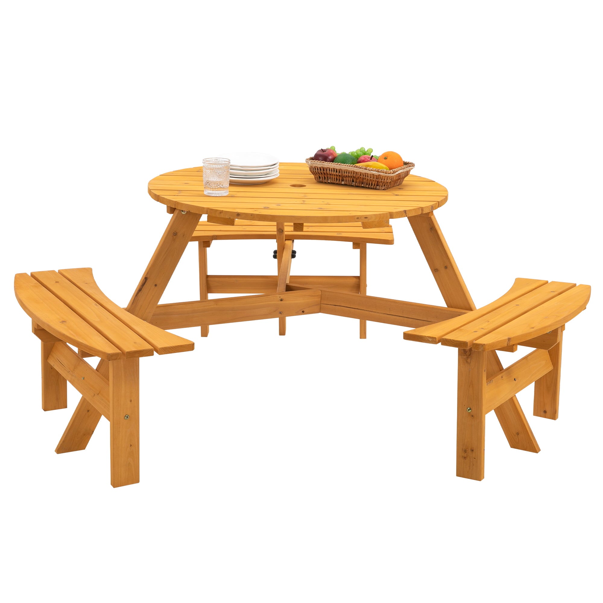 6-Person Circular Outdoor Wooden Picnic Table w/ 3 Built-In Benches 500lb Capacity for Patio， Backyard， Garden - Natural