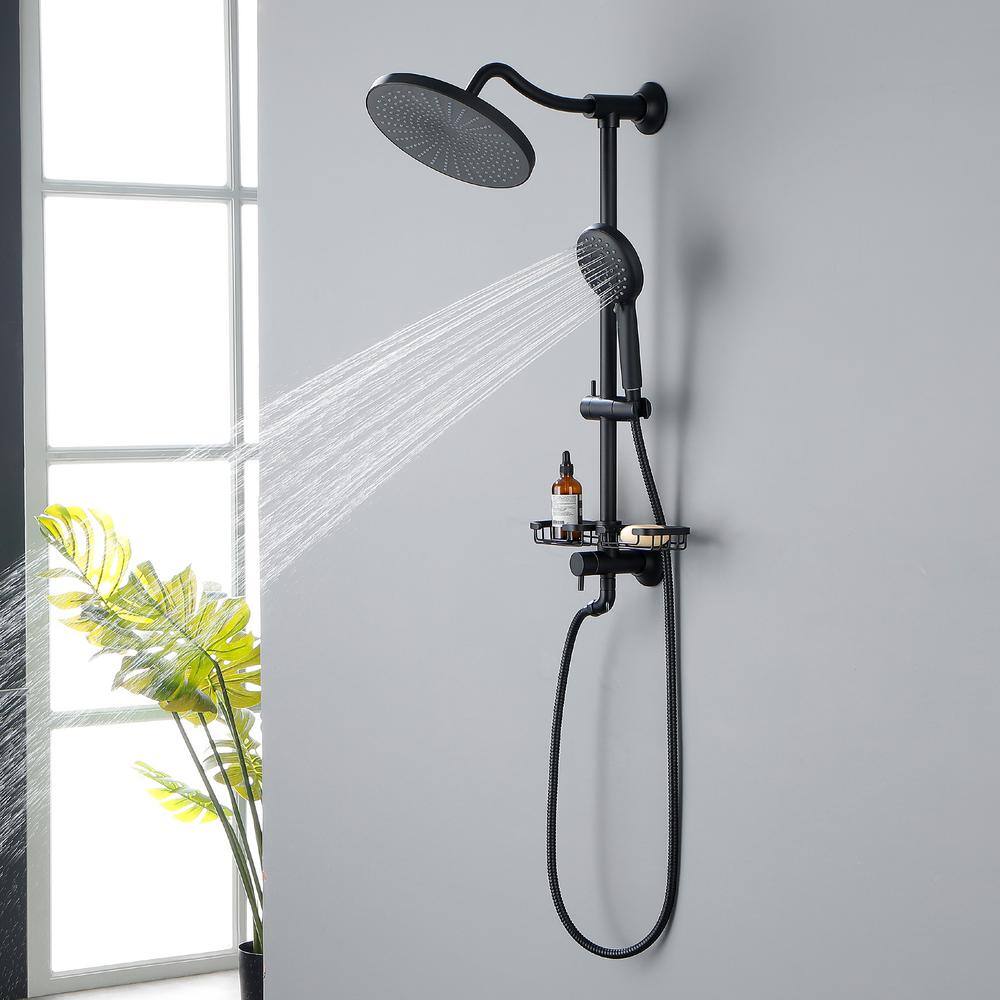 WELLFOR 5-Spray Patterns 10 in. Wall Mount Dual Shower Heads with Adjustable Slide Bar and Soap Dish in Matte Black WA-1033B-10MB