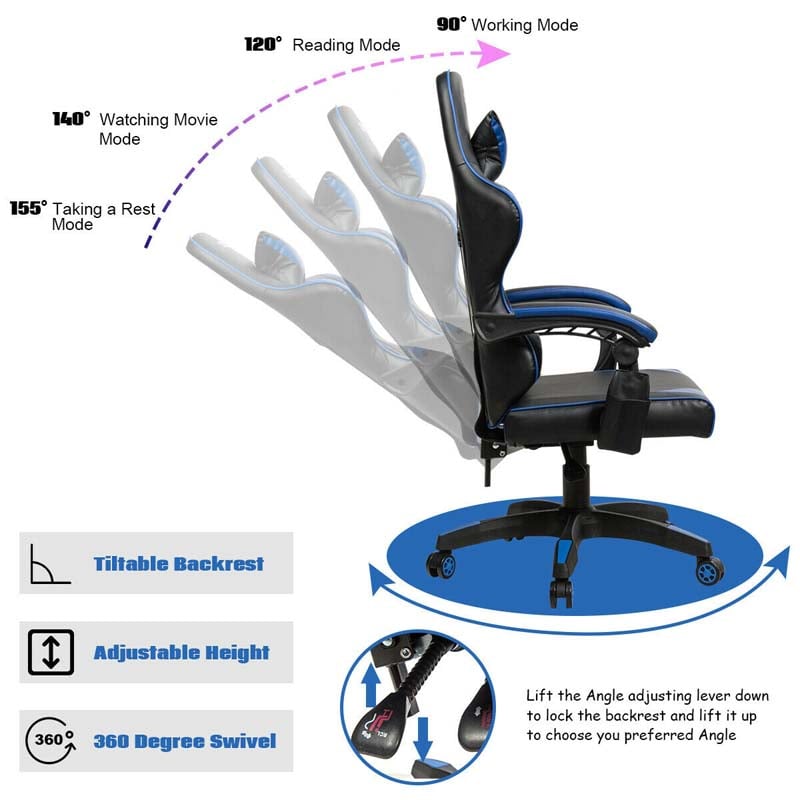 Massage Gaming Chair Recliner, Racing Computer Office Chair, Ergonomic High Back Swivel PC Game Chair with Headrest & Lumbar Support