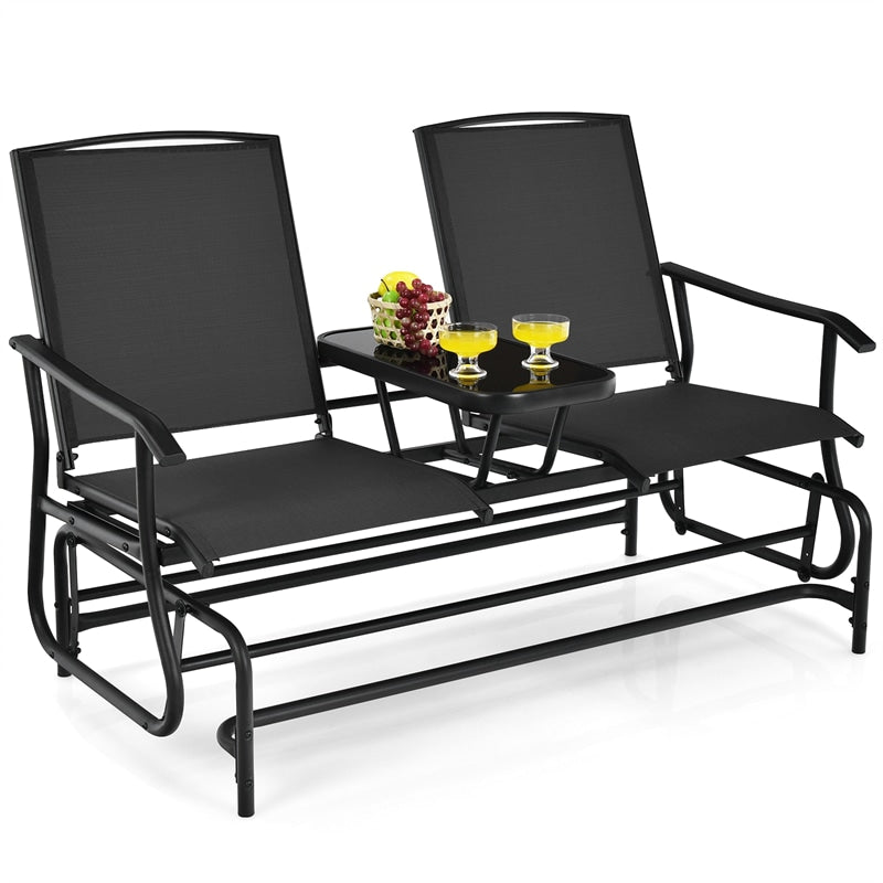 Outdoor 2-Person Rocking Loveseat Patio Bench Glider Chair with Center Tempered Glass Table