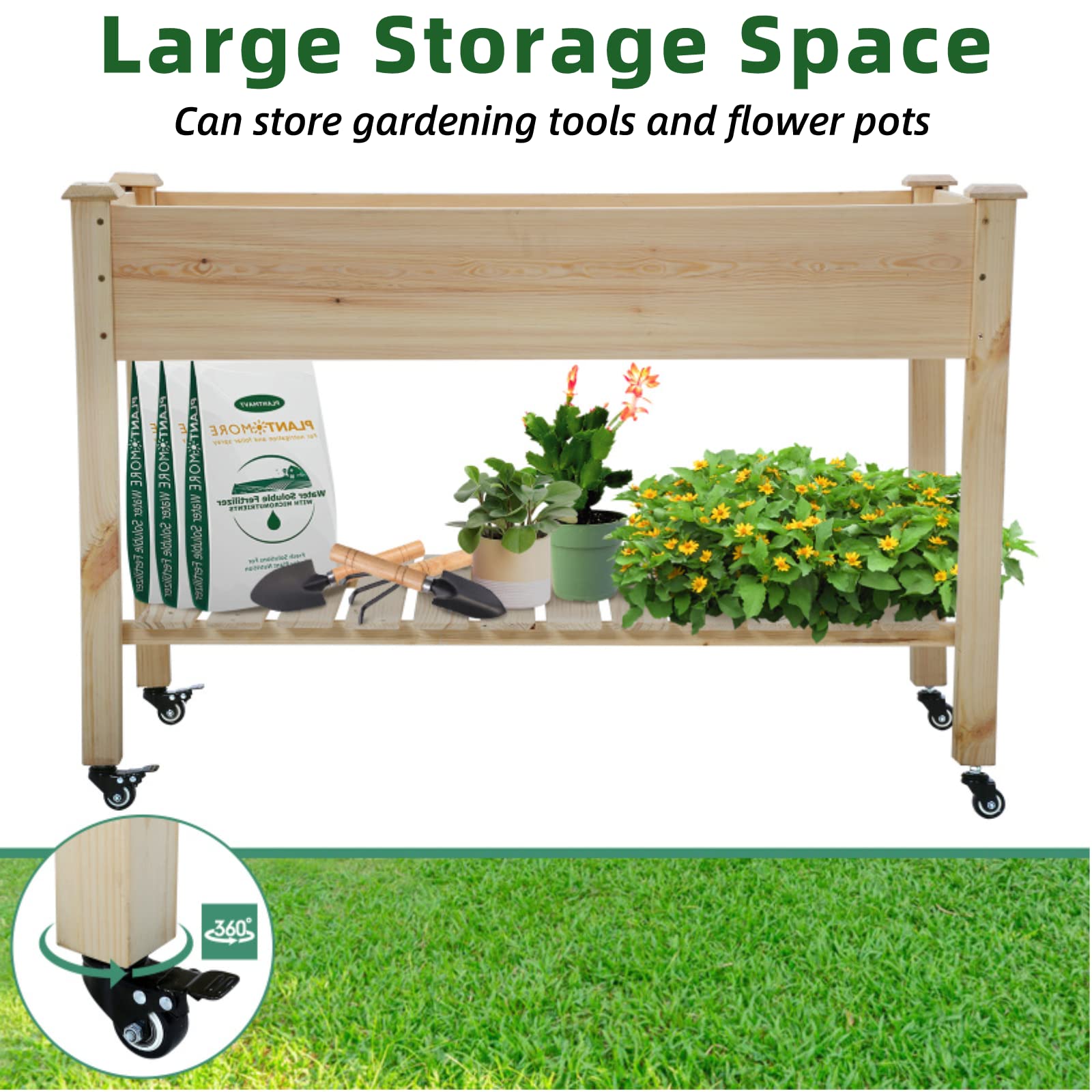 Raised Garden Bed, 48x23x32in Elevated Wooden Planter Boxes Kit with Wheels& Storage Shelf, Outdoor Raised Garden Boxes for Vegetable Plants Indoor/Outdoor Use, Natural