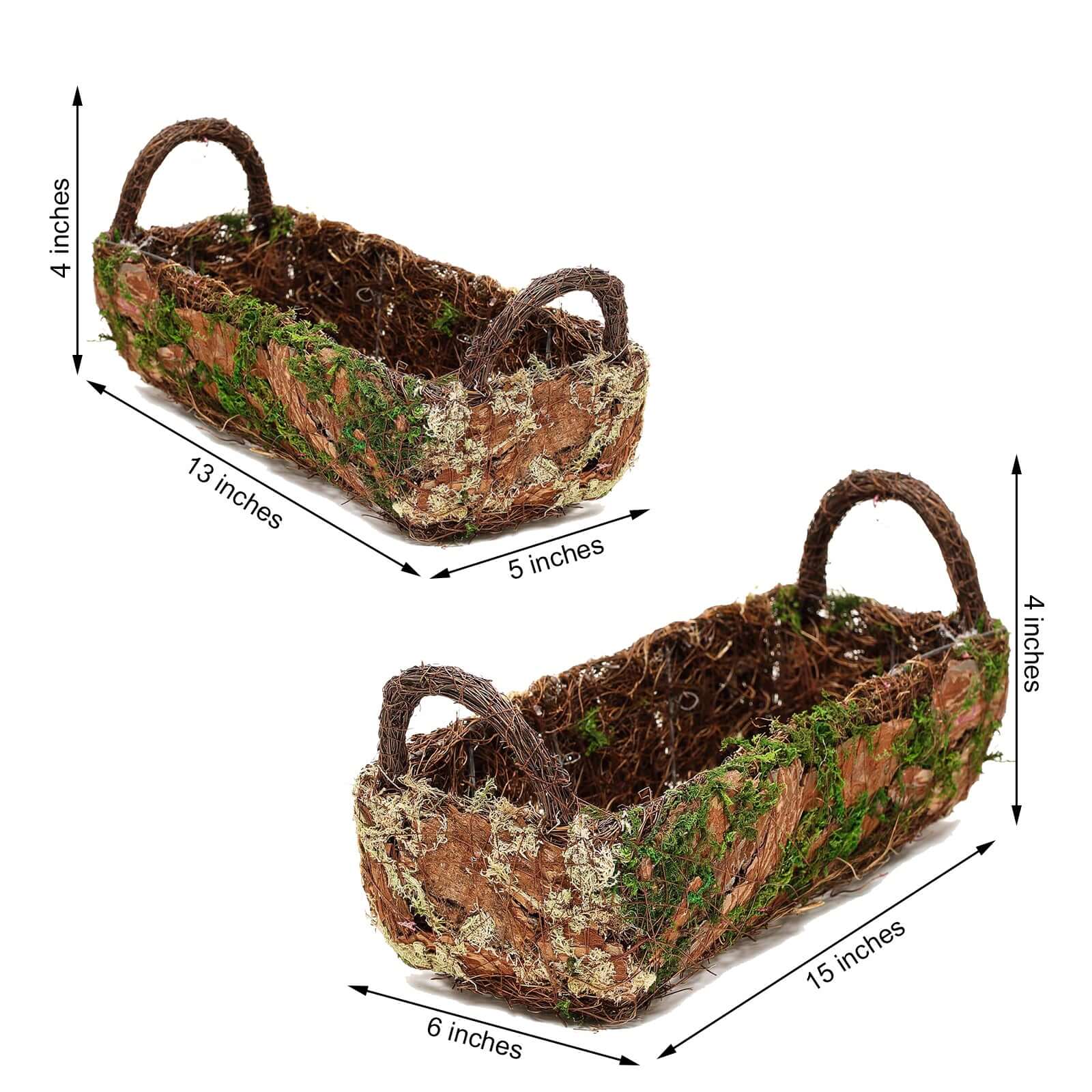 Set of 2 Rustic Log Shaped Preserved Moss Planter Boxes, Flower Baskets With Handle 13