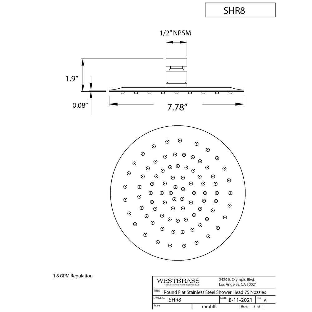 Westbrass 8 in. Round Thin High Pressure Rainfall Shower Head Oil Rubbed Bronze SHR8-12