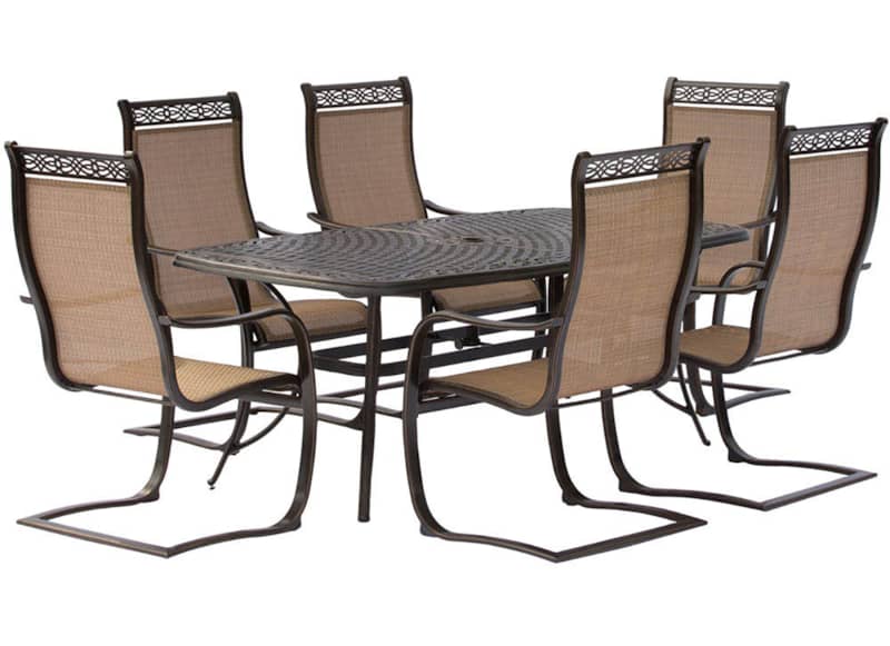 Hanover Manor 7-Piece Outdoor Dining Set In Tan/Bronze With 6 C-Spring Chairs， 72 x 38 Cast-Top Table