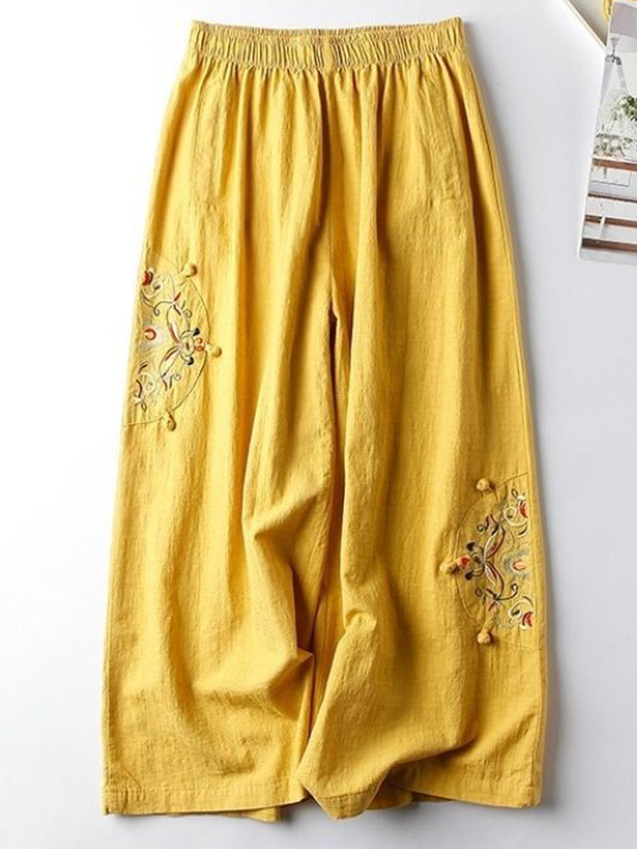 Casual Loose Embroidered Elastic Waist Pants