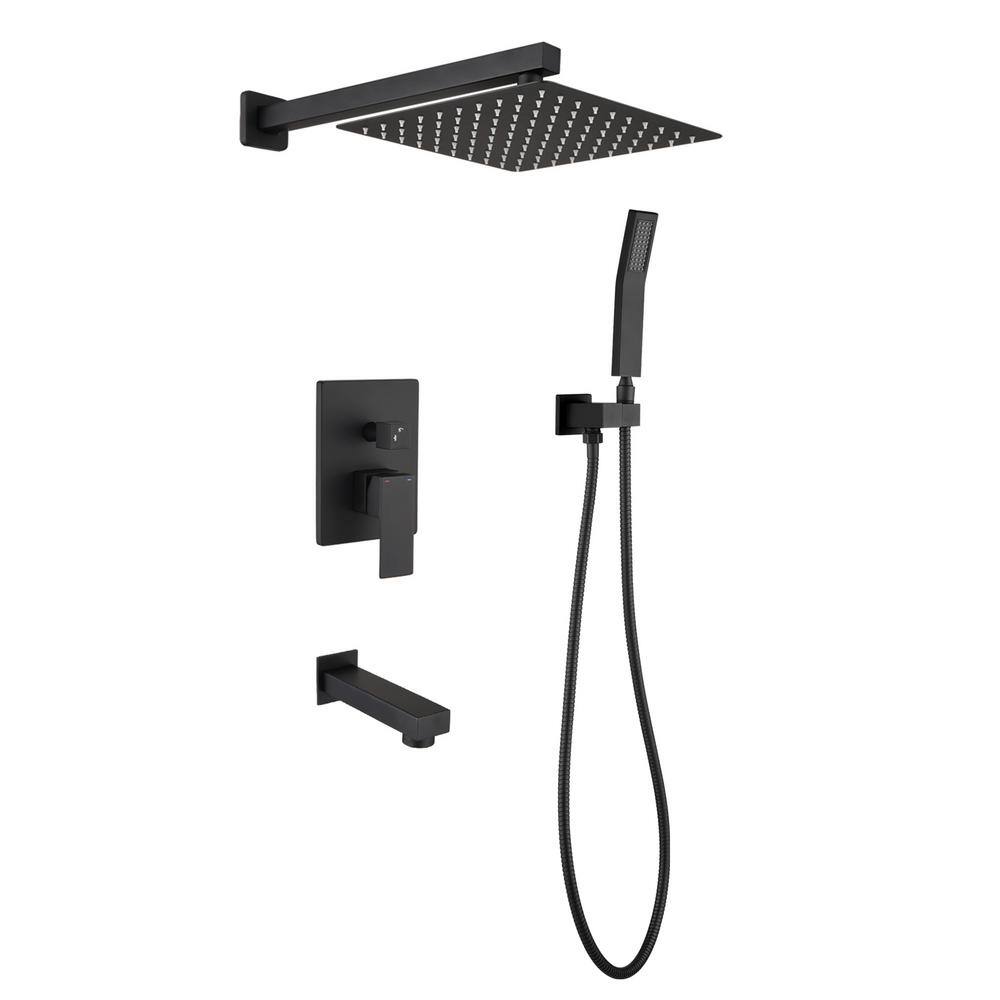 Flynama 1-Spray 12 in. Square Rain Shower Head Modern Shower Kit with Hand Shower and Tub Faucet in Matte Black (Valve Included) J-X-CT-A3801-12MB