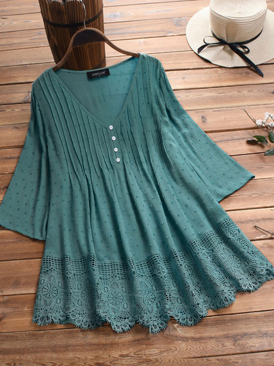 V-neck Casual Loose Lace Panel Sunscreen Mid-sleeve Blouse