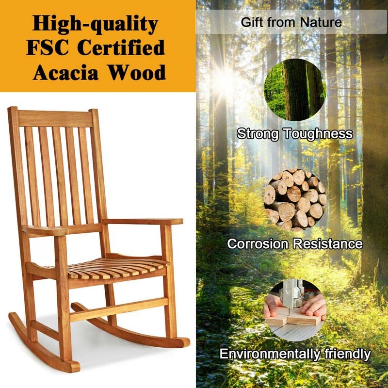 Outdoor Acacia Wood High Back Rocking Chair Porch Rocker