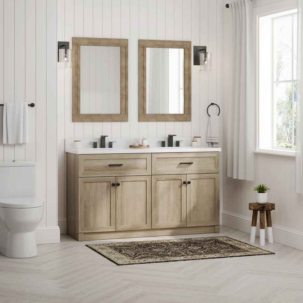 Home Decorators Collection 60 in. W x 34.5 in. H x 20 in. D Bath Vanity in Light Oak with White Engineered Stone Top HDTC60VW