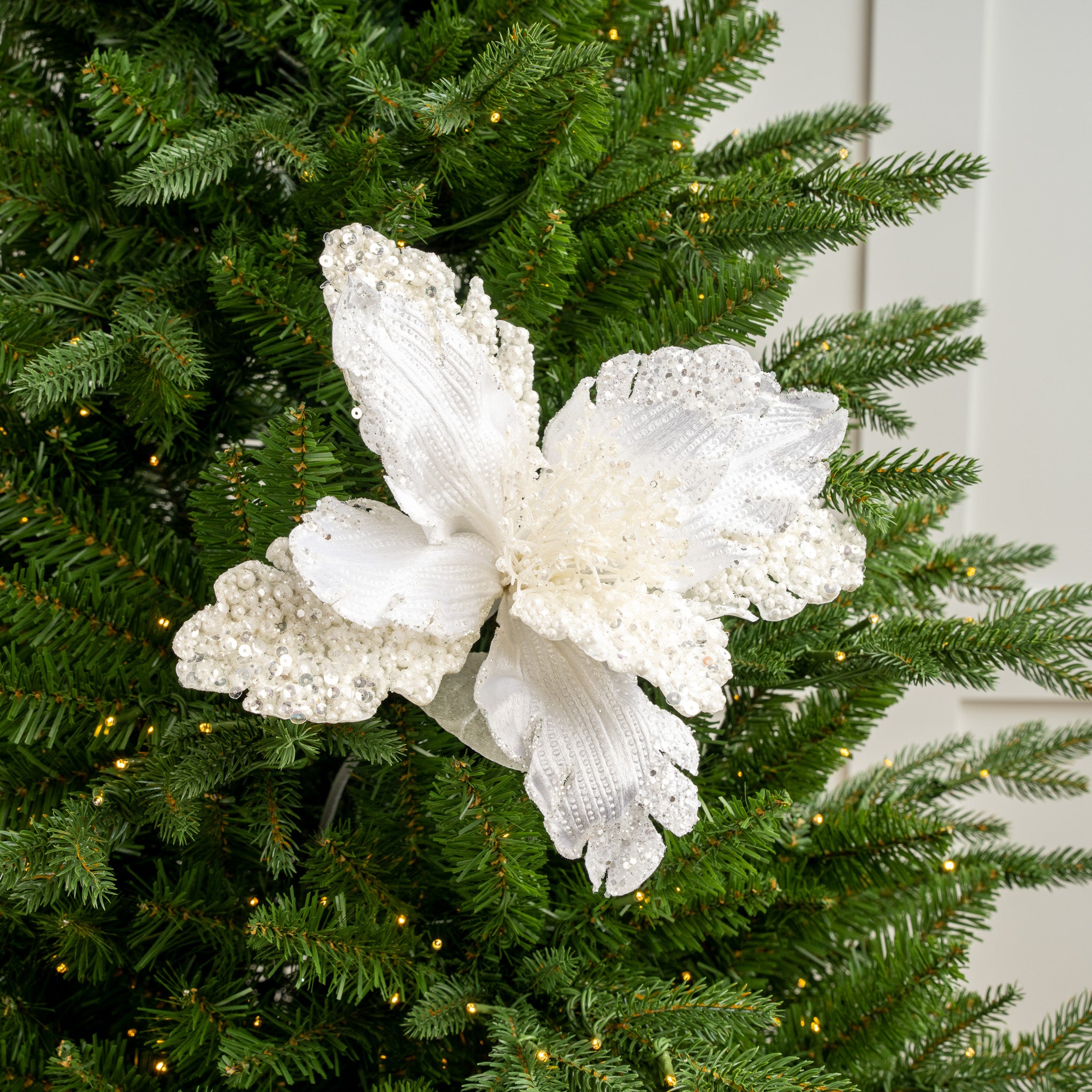 20 Pearl White Sequin Poinsettia Set Of 6