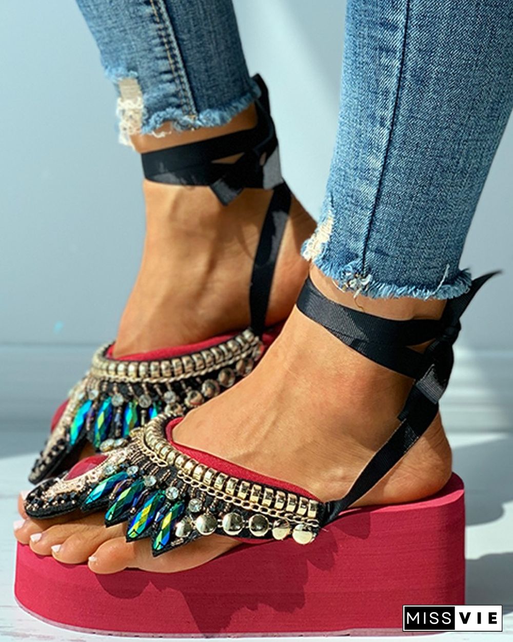 Studded Rhinestone Toe Post Wedge Sandals