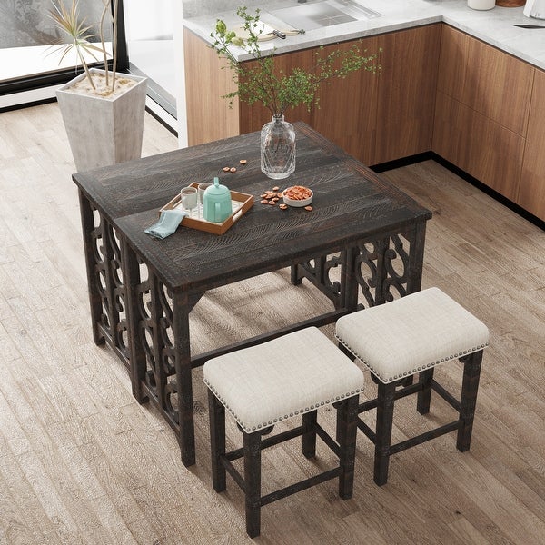 3-Piece Solid Wood Counter Height Dining Set with Foldable Table and 2 Saddle Stools