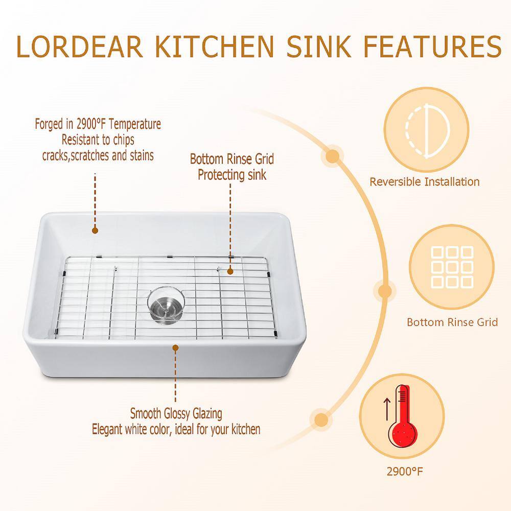 LORDEAR White Fireclay 33 in. Single Bowl Farmhouse Apron Front Kitchen Sink with Bottom Grid HAW3320R1