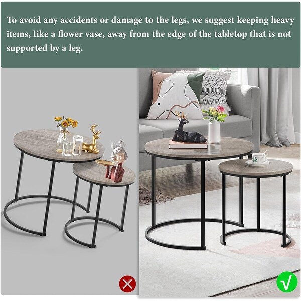 Round Nesting Coffee Table Set Wooden Top Metal Frame Set of 2