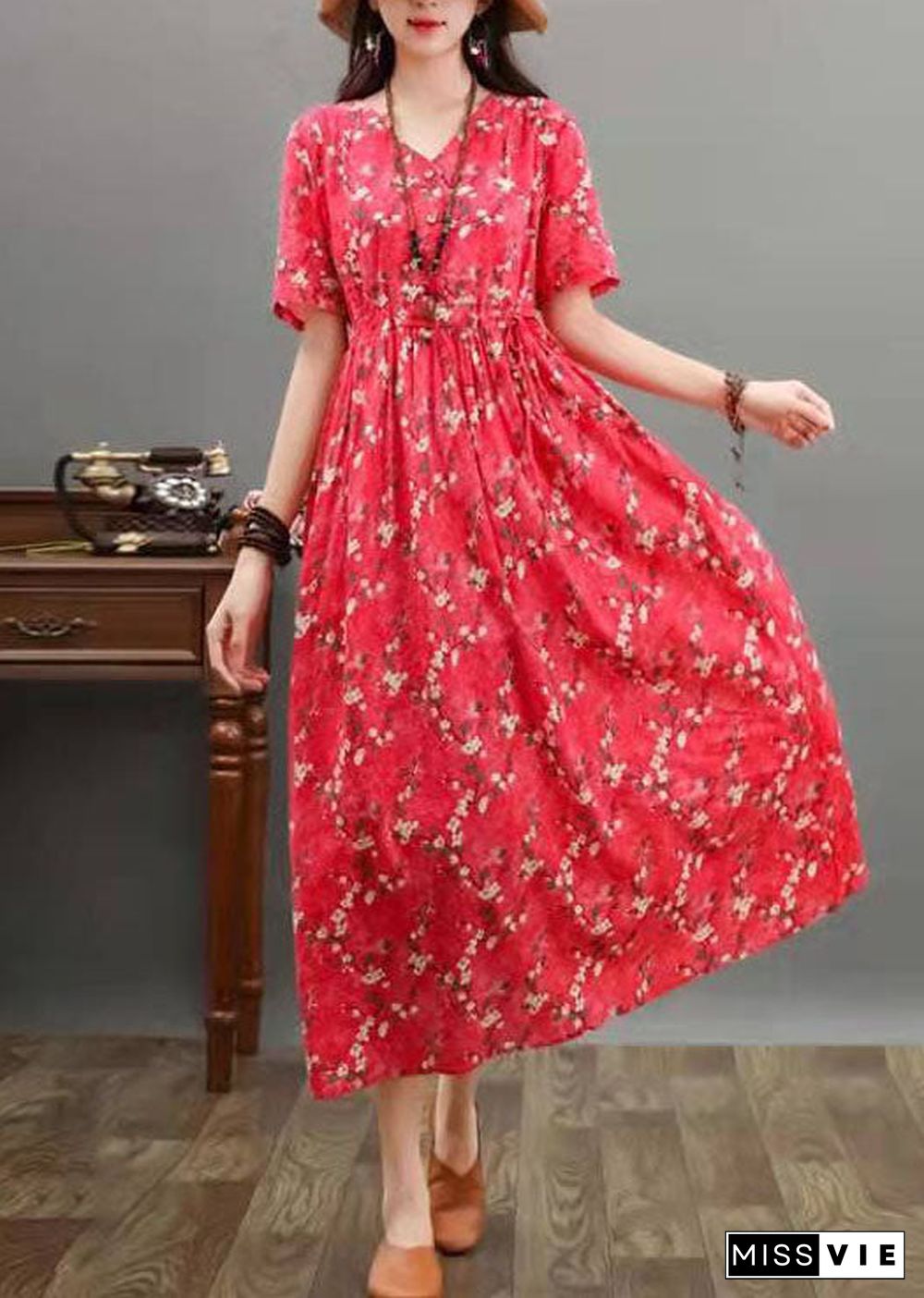 French burgundy cotton linen dresses Fine Sewing prints Maxi summer Dress