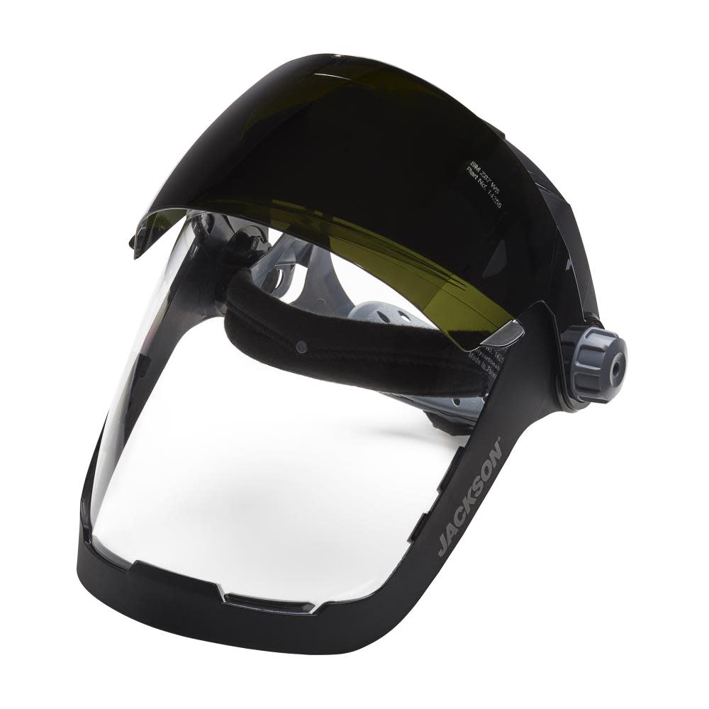 QUAD 500? Premium Multi-Purpose Face Shield ; Clear Window with Shade 5 IR Flip Visor ; Anti-Fog Coating ; 370 Speed Dial? Ratcheting Headgear