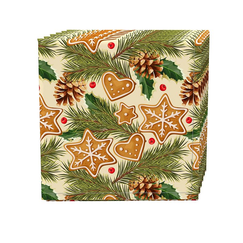 Napkin Set， 100% Polyester， Set of 4， 18x18， Holiday Gingerbread Cookies and Pinecones