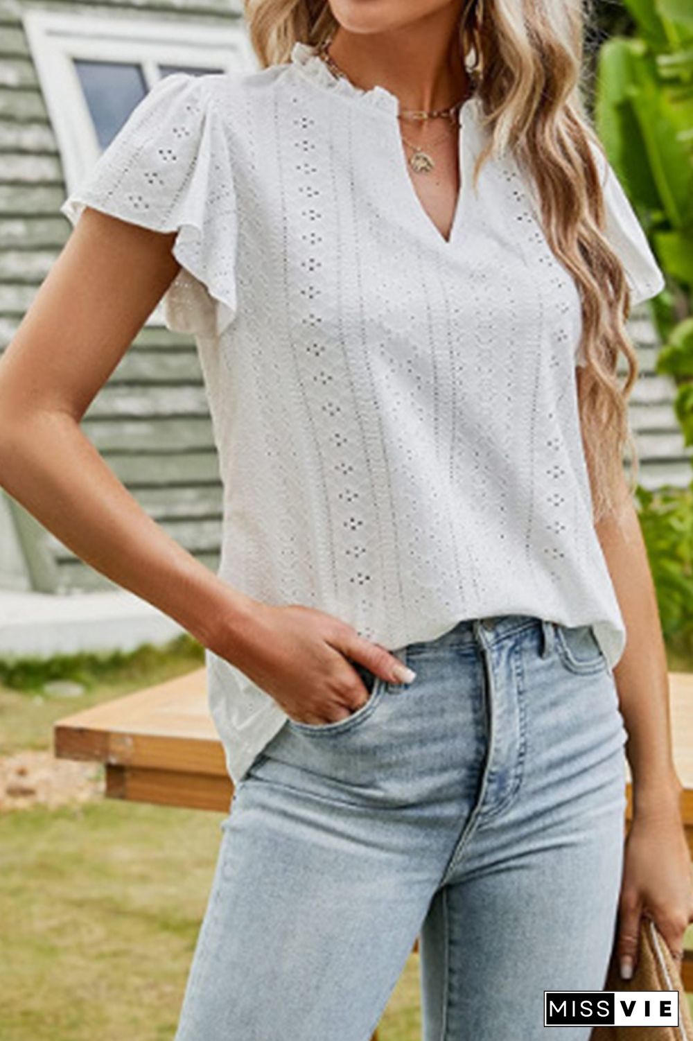 Eyelet Pattern Frilled Split Collar Ruffles Sleeves Tee