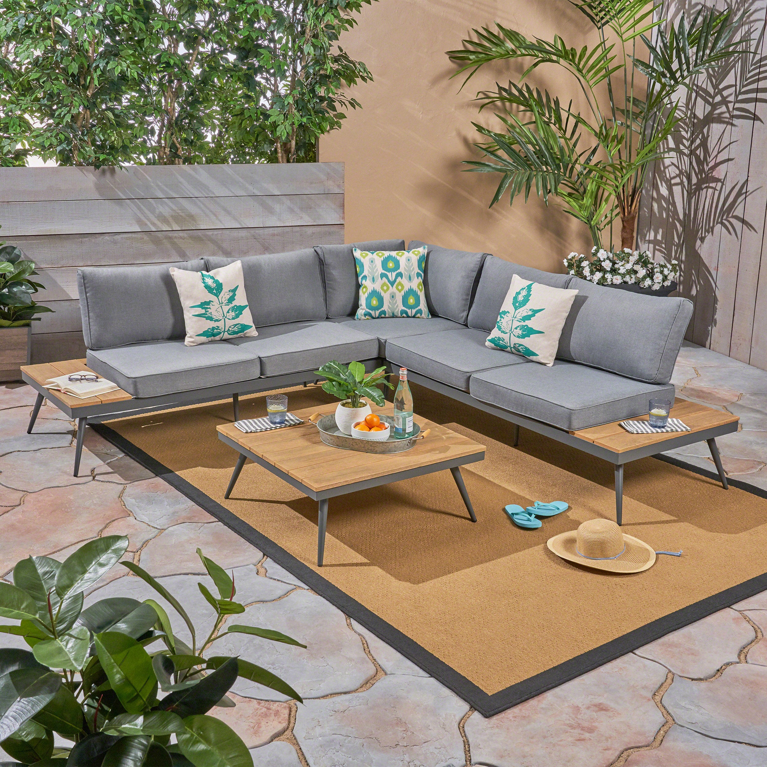 Deborah Outdoor Wood and Aluminum V-Shaped 5 Seater Sofa Set