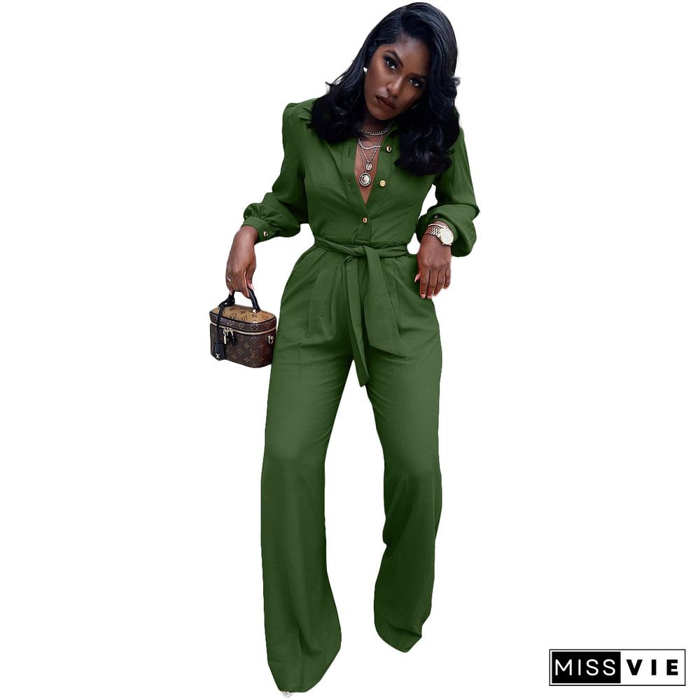 Solid Turn Down Collar Wide Leg Jumpsuit With Belt