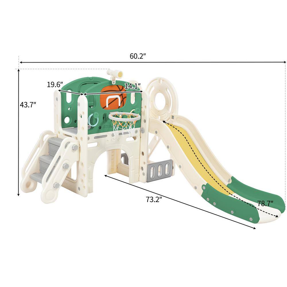 7-In-1 Green HDPE Playhouse with Slide Arch Tunnel Ring Toss and Basketball Hoop LN20232353