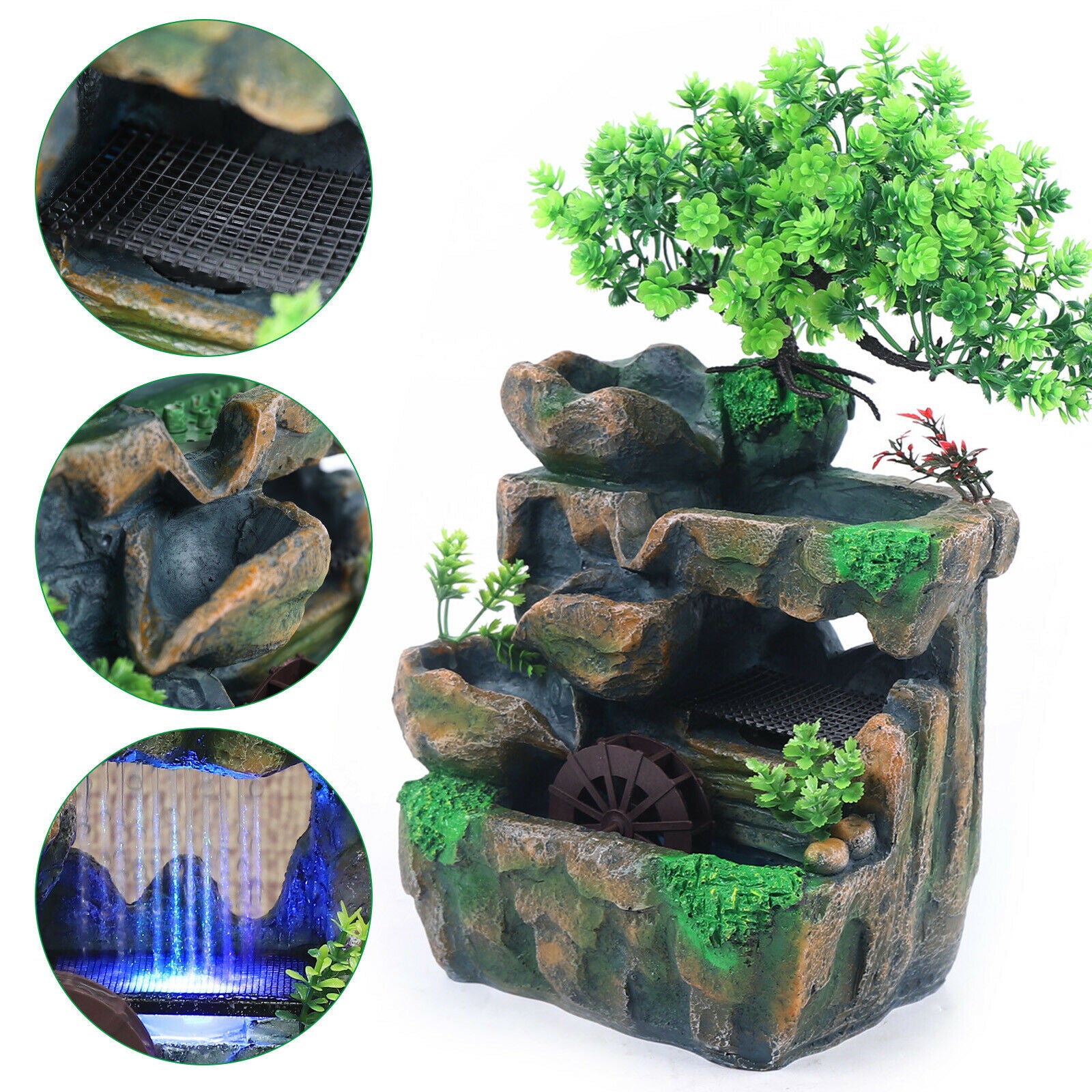 OUKANING Indoor Water Fountain Waterfall Rockery Ornament LED Light Tabletop Home Decor