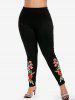 Lace Panel Rose Applique Colorblock Tee and High Waist Floral Print Leggings Plus Size Summer Outfit