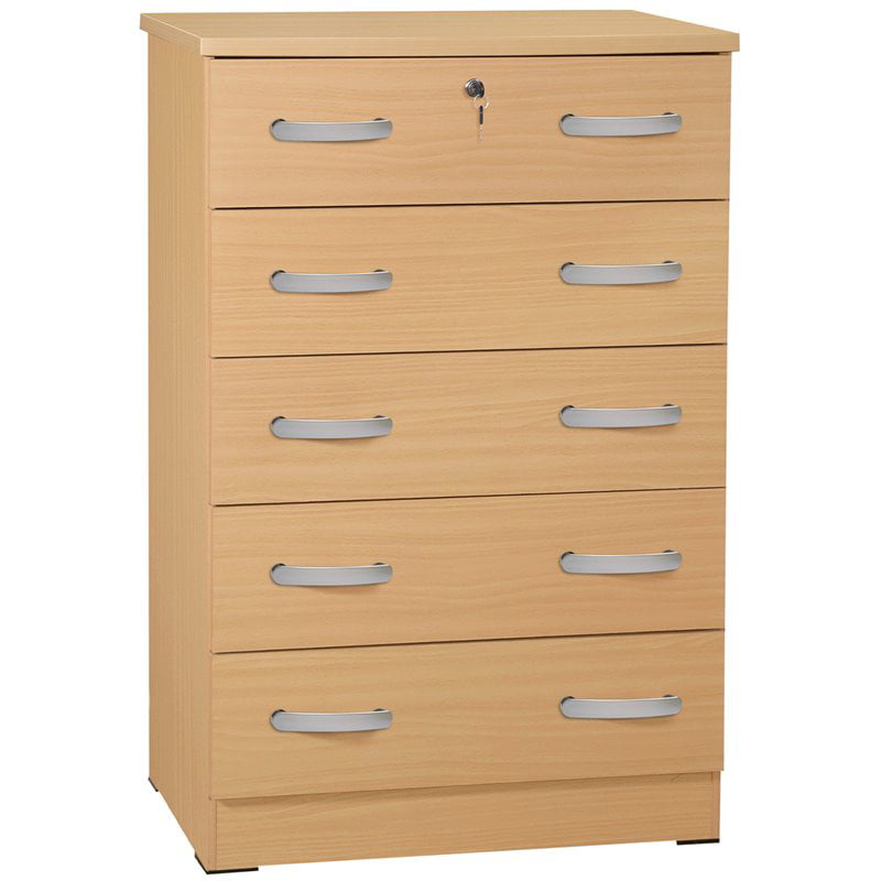 Pemberly Row Modern 5 Drawer Chest Wooden Dresser with Lock Beech (Maple)