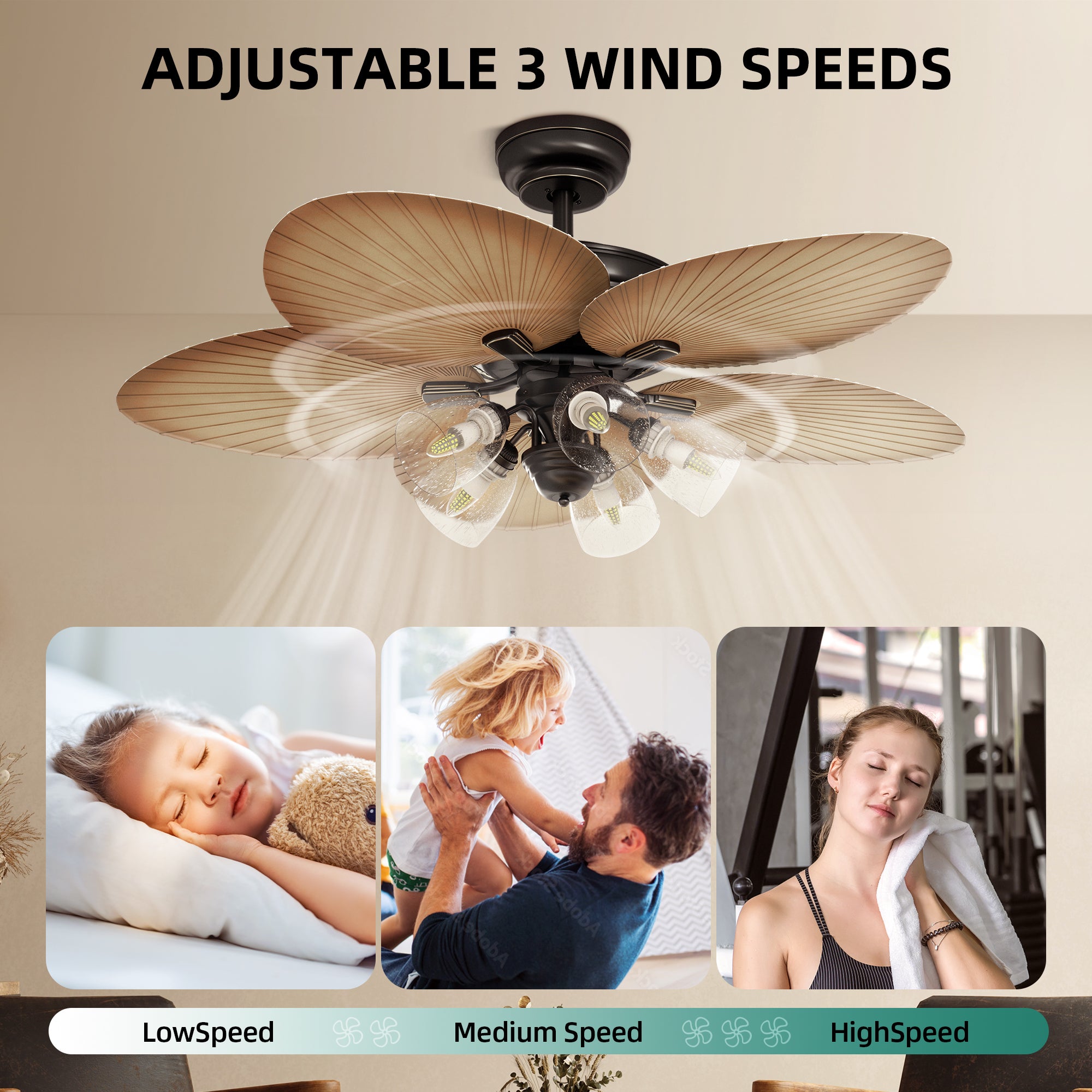 DWVO Tropical Ceiling Fans with Light and Remote, 52in Palm Leaf Fanlight with Clear Seeded Glass Light Kit, 3 Speed, 4 Timer, 5 Blades Silent Reversible DC Motor, Brown