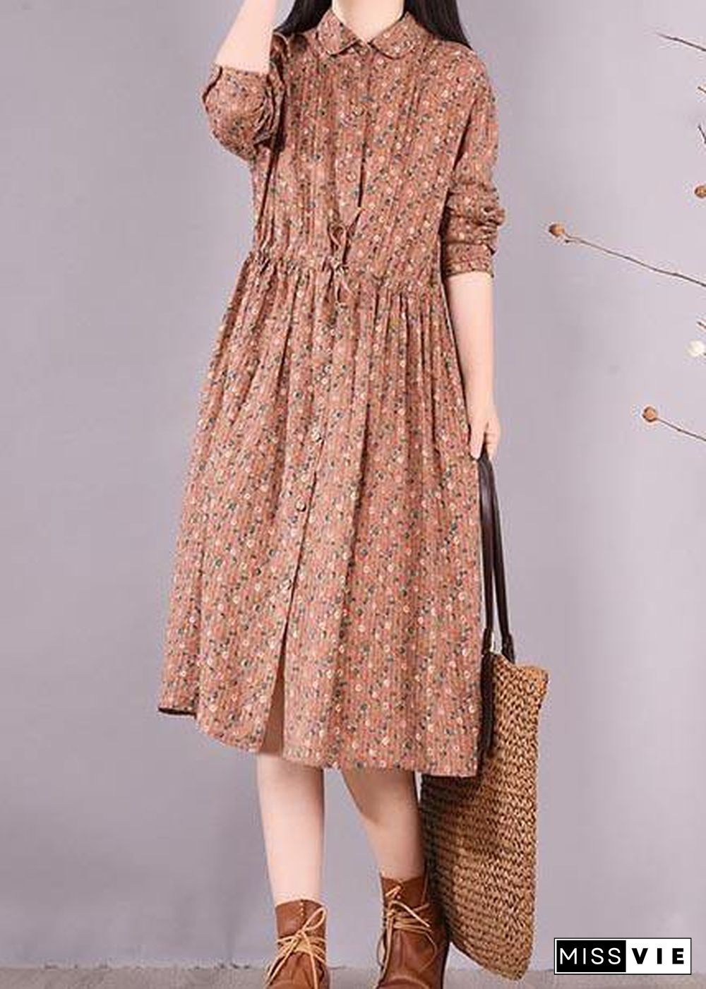 French Brown Print Dresses Lapel Drawstring Maxi Spring Dress