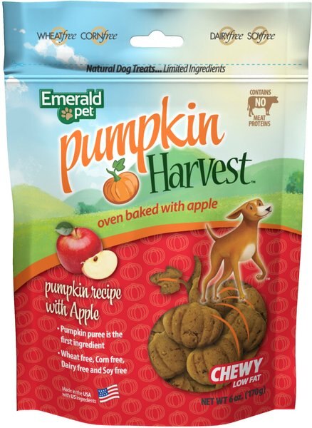 Emerald Pet Pumpkin Harvest Oven Baked With Apple Chicken-Free Dog Treats， 6-oz bag