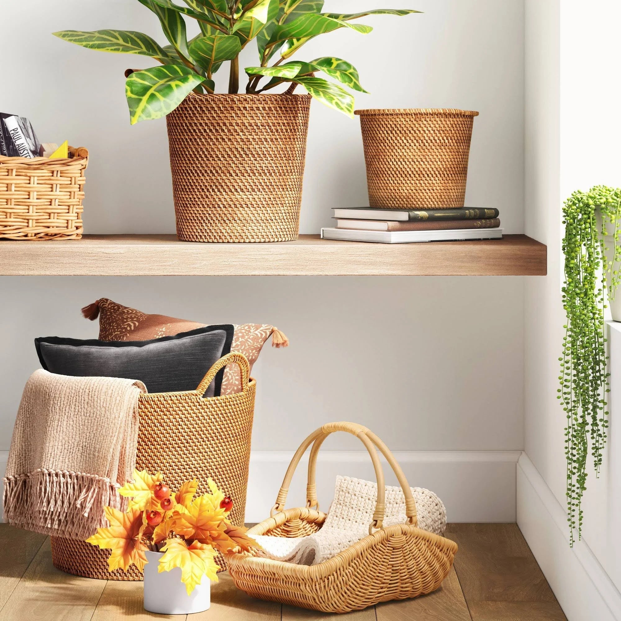 Set of 2 Threshold 9.8" Rattan Planter with Plastic Tray inside Brown