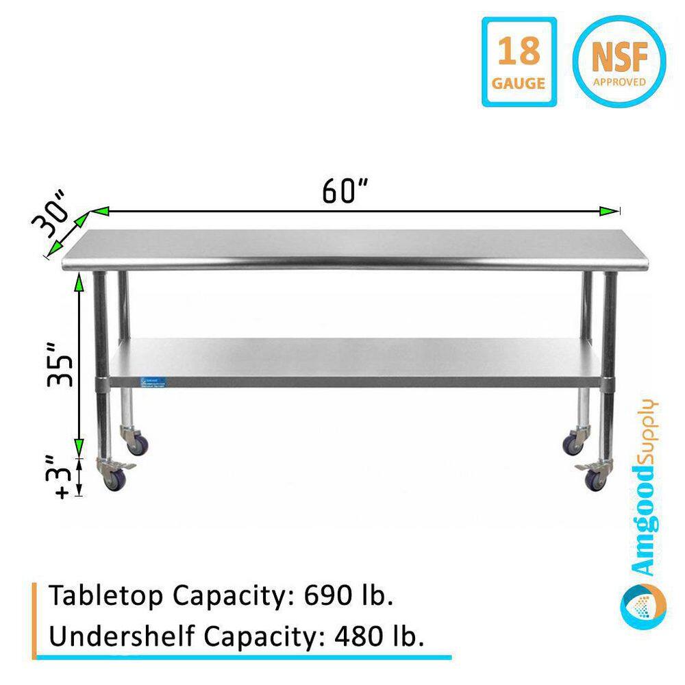 AMGOOD 30 in. x 60 in. Stainless Steel Work Table with Casters Mobile Metal Kitchen Utility Table with Bottom Shelf AMG WT-3060-WHEELS