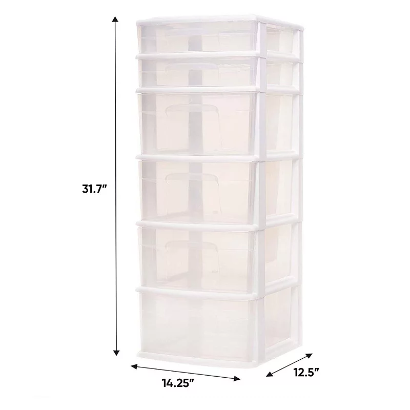 Homz Plastic 6 Clear Drawer Medium Home Storage Container Tower， White Frame