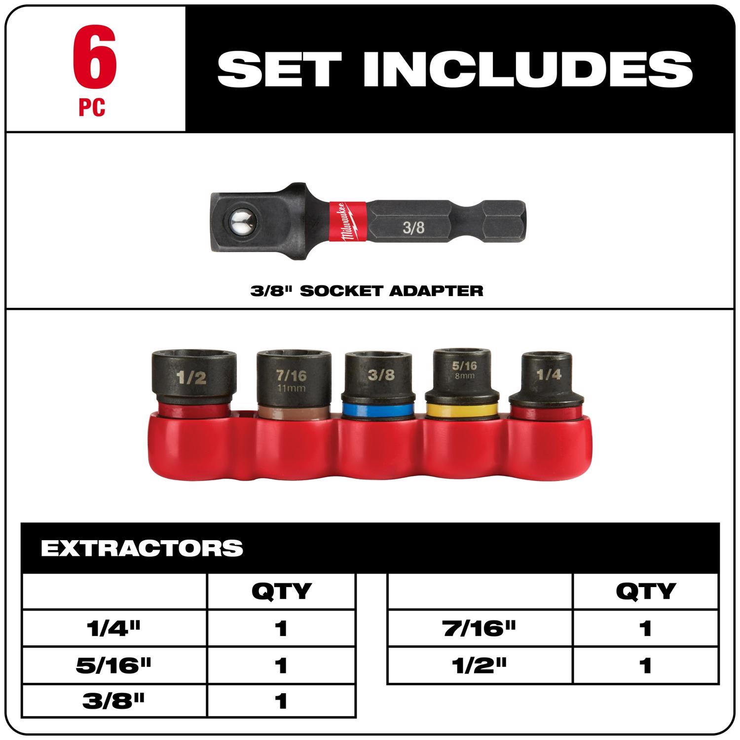 MW Shockwave 3/8 in. D Alloy Steel Impact Duty Extractor Set 1 in. 6 pc