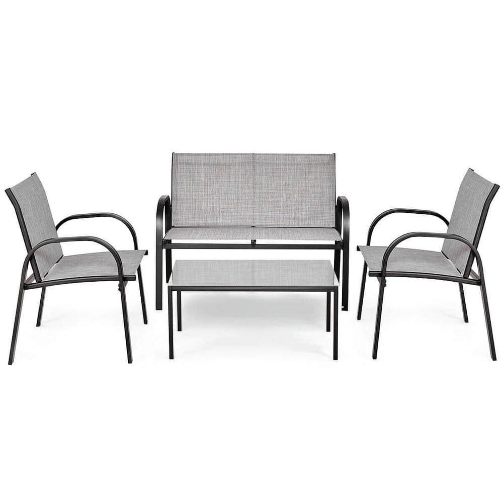 Costway Gray 4-Pieces Metal Frame Patio Conversation Furniture, Sofa Black Table, Garden Deck Seating Set HW55457GR