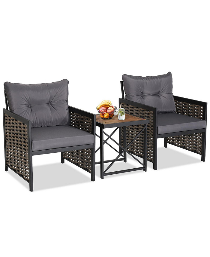 Costway 3 PCS Patio Rattan Furniture Set Acacia Wood Coffee Table and 2 Chairs Backyard