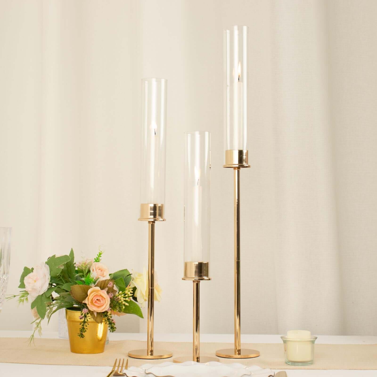 Set of 3 Tall Gold Metal Clear Glass Taper Candlestick Holders, Hurricane Candle Stands With Glass Chimney Candle Shades 16