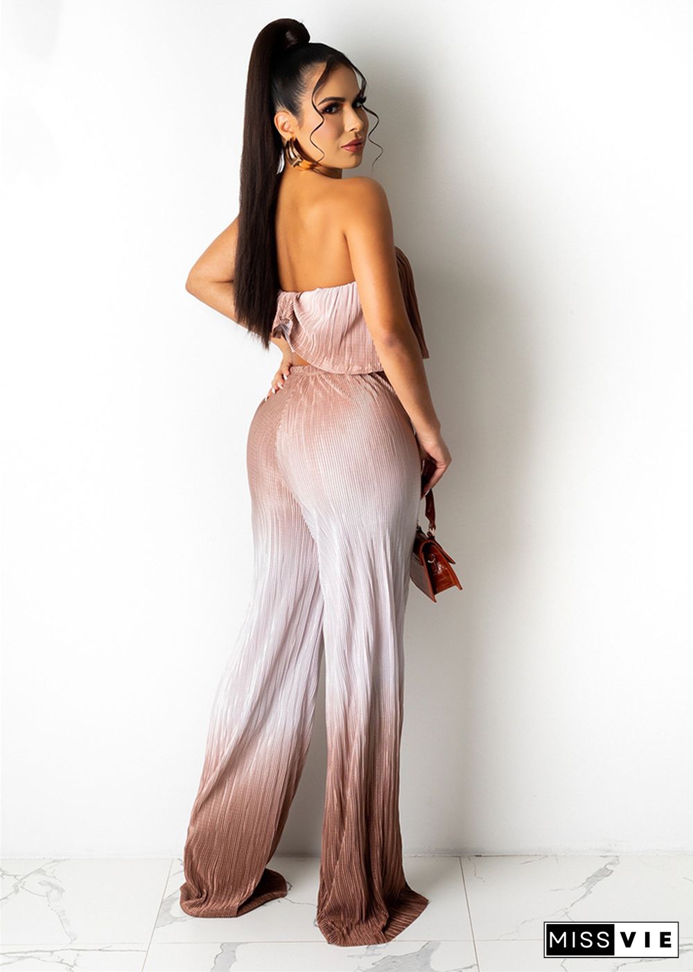 Gradient Strapless Crop Top Loose Wide Leg Pants Set