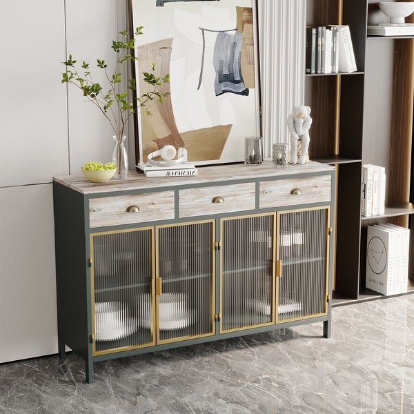 4 Glass Doors Modern Sideboard with 3 Top Drawers， Freestanding Sideboard