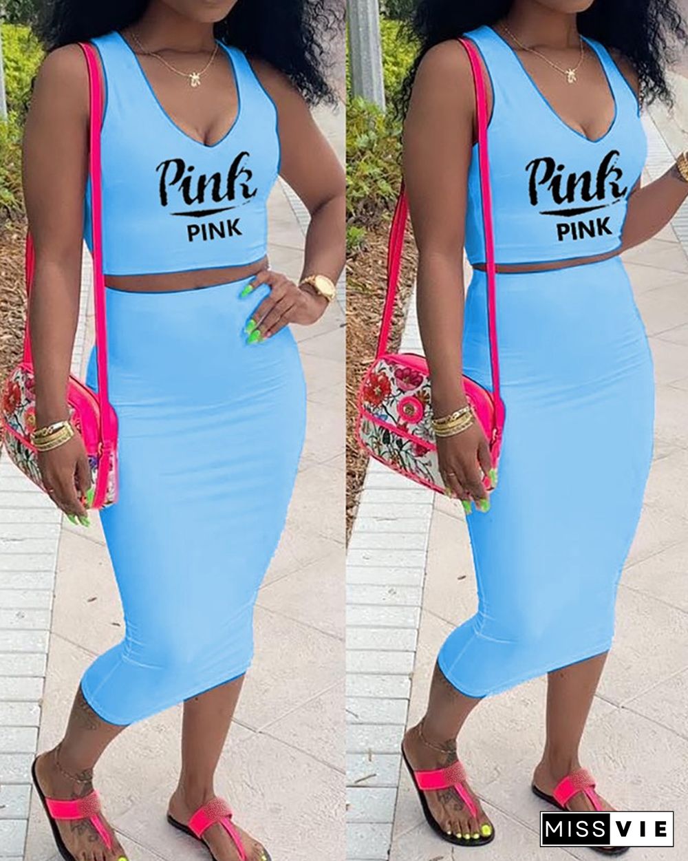 Letter Print V-Neck Crop Top & Plain Midi Skirt Set