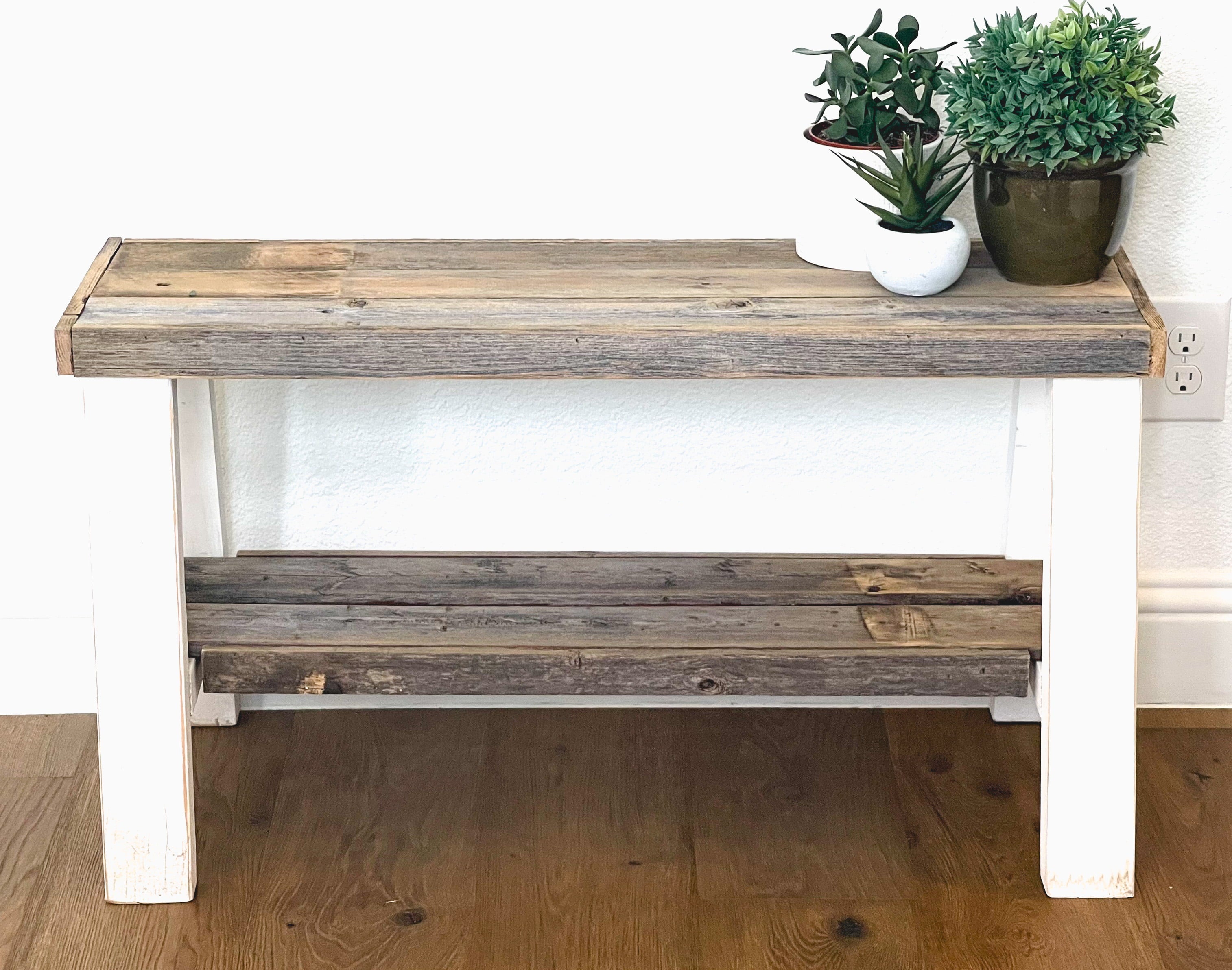 Woven Paths Farmhouse Natural Reclaimed Wood and White Entry Bench with Shelf, Multi-Color