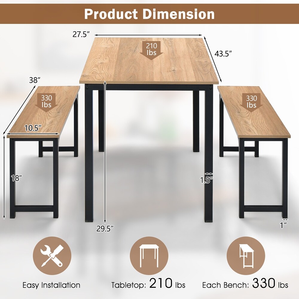 Gymax Modern 3 PCS Dining Table Bench Set w/ Metal Frame   Wooden