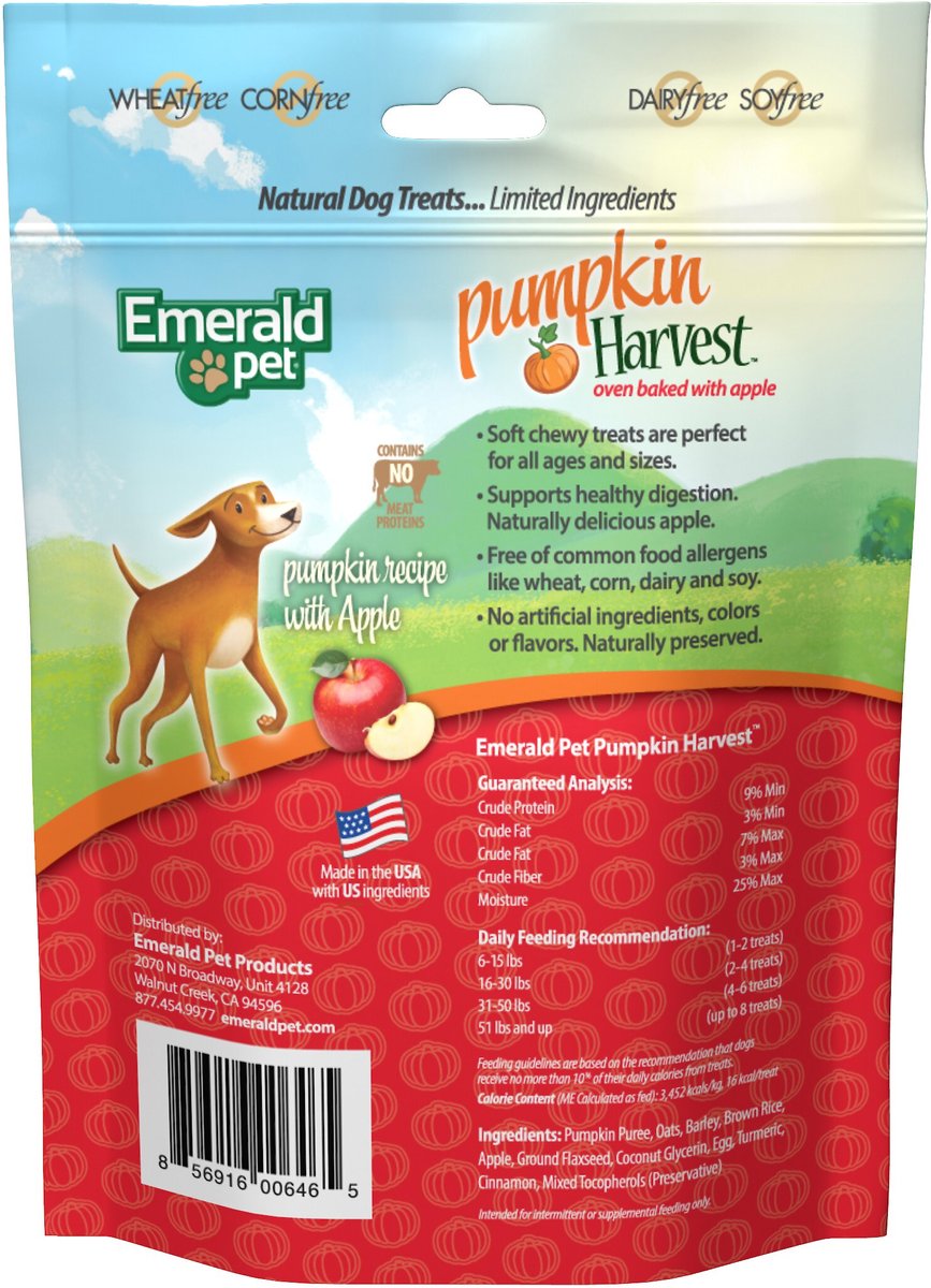 Emerald Pet Pumpkin Harvest Oven Baked With Apple Chicken-Free Dog Treats， 6-oz bag