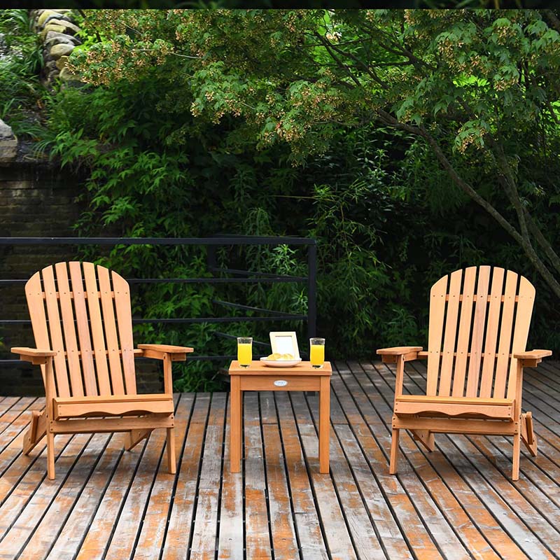 3 Pcs Slatted Design Wooden Adirondack Chair Set with Side Table & 2 Folding Lounger Chairs