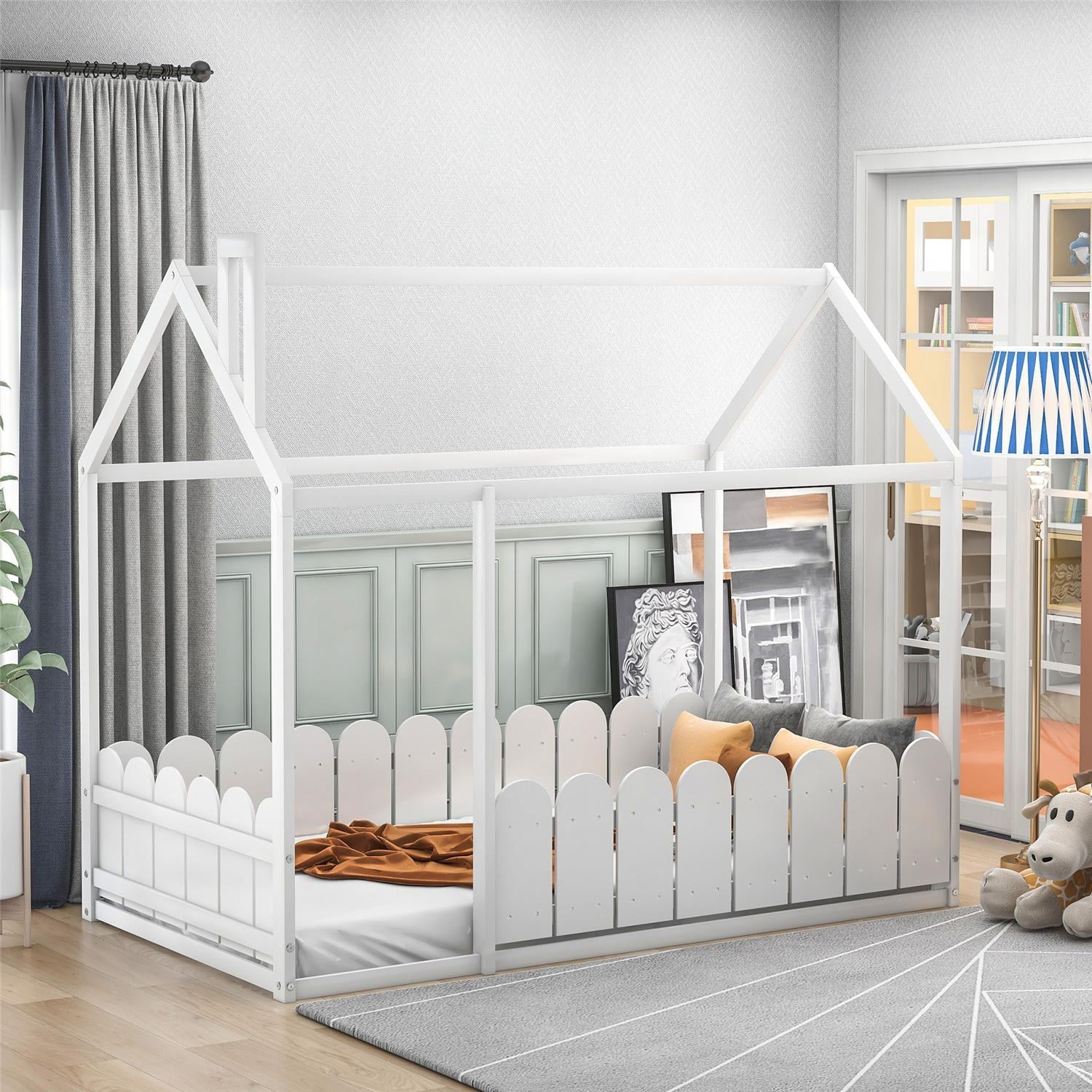 Twin House Bed, Floor Bed with Roof and Fence, Solid Wood Bed Frame for Kids Teens Girls Boys, Not included Slats, Box Spring Needed, No Limit Weight Capacity, White